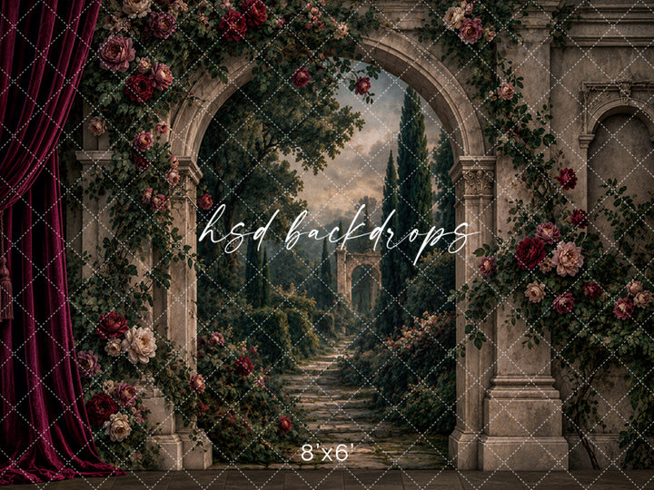 Renaissance Rose Garden Photography Backdrop – Romantic Stone Arch Portrait Scene | HSD Backdrops
