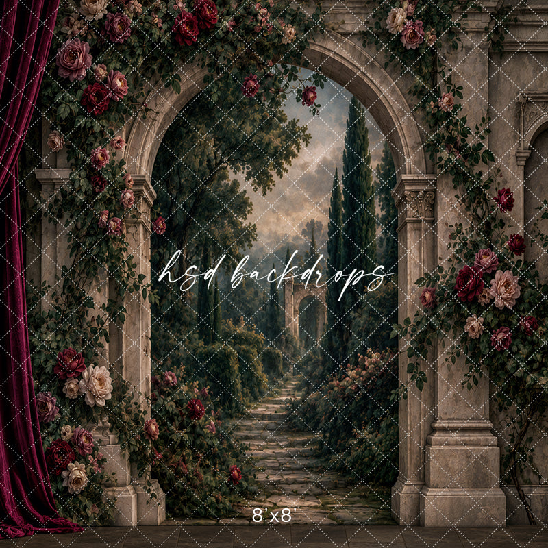 Renaissance Rose Garden Photography Backdrop – Romantic Stone Arch Portrait Scene | HSD Backdrops