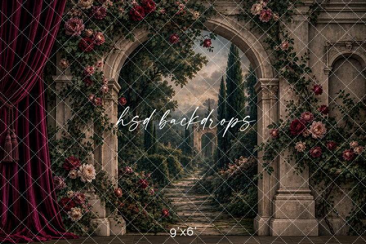 Renaissance Rose Garden Photography Backdrop – Romantic Stone Arch Portrait Scene | HSD Backdrops