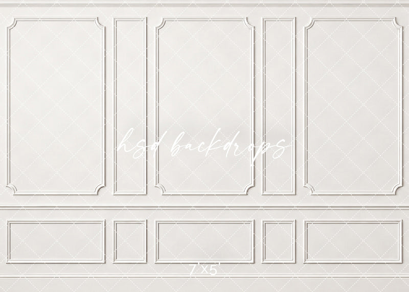 Timeless White Wainscot photography backdrop featuring classic French-inspired boiserie wall molding, three tall decorative panels, narrow accent panels, elegant curved corners, and coordinating lower wainscoting in soft white and warm ivory tones for fine art studio portraits.
