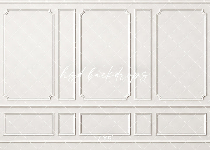 Timeless White Wainscot photography backdrop featuring classic French-inspired boiserie wall molding, three tall decorative panels, narrow accent panels, elegant curved corners, and coordinating lower wainscoting in soft white and warm ivory tones for fine art studio portraits.