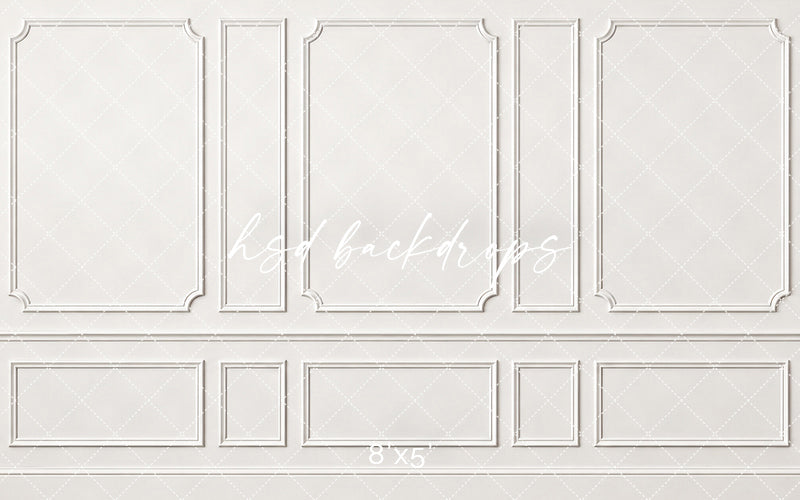 Classic white wainscoting photography backdrop with symmetrical rectangular wall panels, delicate decorative molding, narrow accent panels, and elegant French architectural styling.