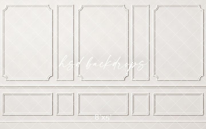 Classic white wainscoting photography backdrop with symmetrical rectangular wall panels, delicate decorative molding, narrow accent panels, and elegant French architectural styling.