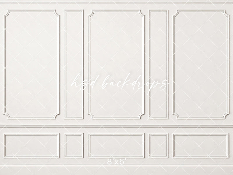 French white boiserie photography backdrop featuring traditional European wall paneling, decorative curved molding corners, and coordinating lower wainscot panels.