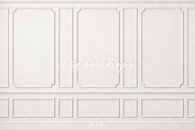 Elegant white paneled wall photography backdrop with tall rectangular molding panels, subtle architectural shadows, classic chair rail, and traditional decorative wainscoting.