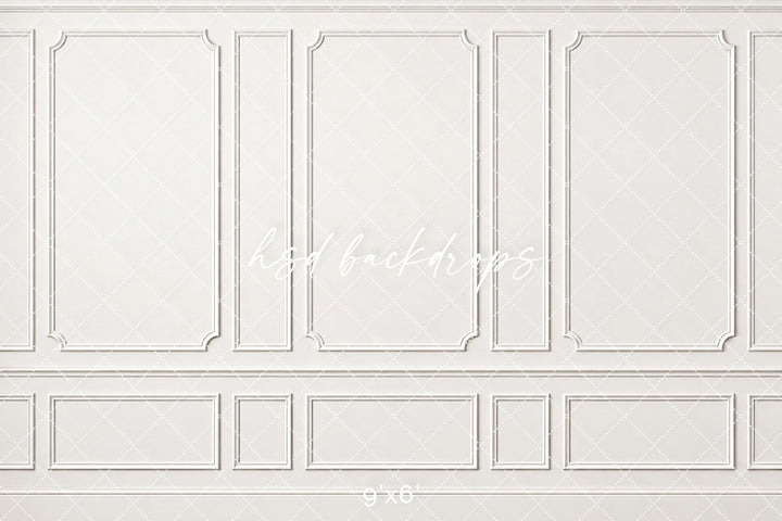 Elegant white paneled wall photography backdrop with tall rectangular molding panels, subtle architectural shadows, classic chair rail, and traditional decorative wainscoting.