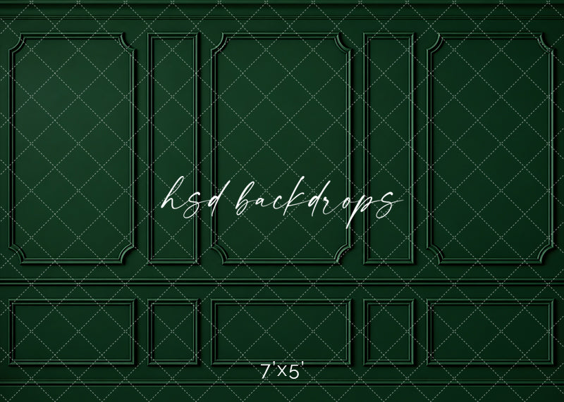 Heritage Green Wainscot photography backdrop featuring classic French-inspired boiserie wall molding, three tall decorative panels, narrow accent panels, elegant curved corners, and coordinating lower wainscoting in a rich deep heritage green finish for fine art, Christmas, maternity, and elegant studio portraits.