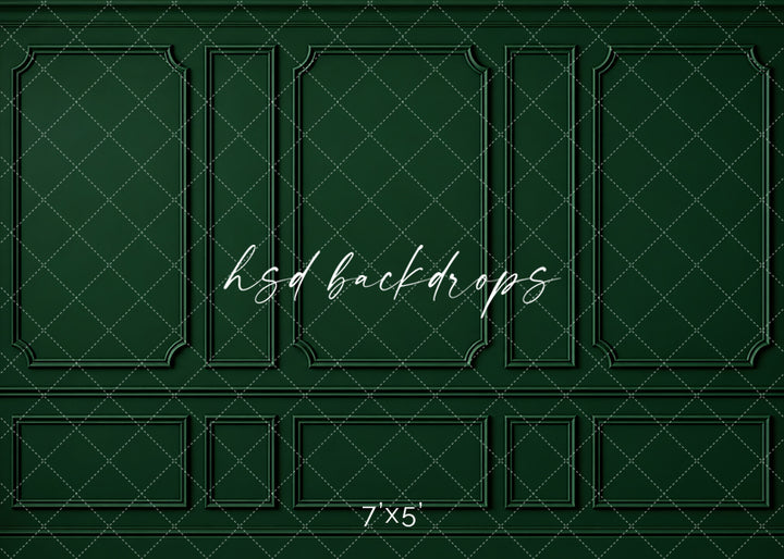 Heritage Green Wainscot photography backdrop featuring classic French-inspired boiserie wall molding, three tall decorative panels, narrow accent panels, elegant curved corners, and coordinating lower wainscoting in a rich deep heritage green finish for fine art, Christmas, maternity, and elegant studio portraits.