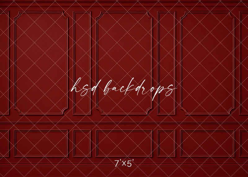 Heritage Red Wainscot photography backdrop featuring classic French-inspired boiserie wall molding, three tall decorative panels, narrow accent panels, elegant curved corners, and coordinating lower wainscoting in a rich deep heritage-red finish for fine art, Christmas, and elegant studio portraits.