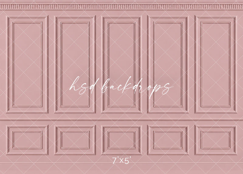 Antique Blush French Panel photography backdrop featuring classic French-inspired boiserie wall molding, five tall symmetrical rectangular panels, ornate dentil-style crown molding, a traditional chair rail, and coordinating lower wainscoting in a romantic muted blush pink finish for Mother&