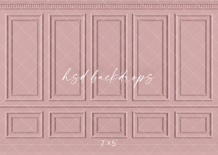 Antique Blush French Panel photography backdrop featuring classic French-inspired boiserie wall molding, five tall symmetrical rectangular panels, ornate dentil-style crown molding, a traditional chair rail, and coordinating lower wainscoting in a romantic muted blush pink finish for Mother&