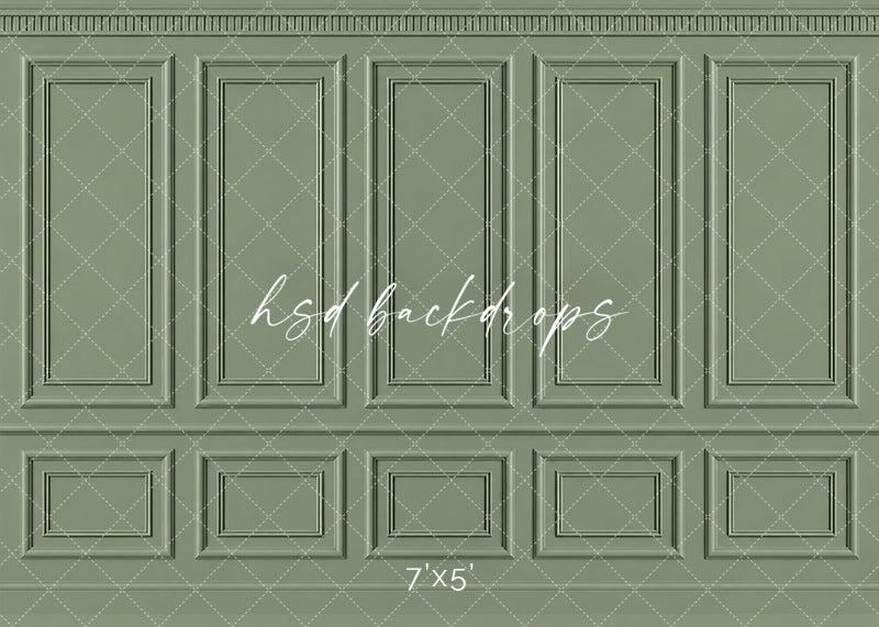 Sage Green Wainscot Wall photography backdrop featuring classic French-inspired boiserie wall molding, three tall decorative panels, two narrow accent panels, symmetrical rectangular details, and coordinating lower wainscoting in a soft muted sage green finish for maternity, newborn, Mother&