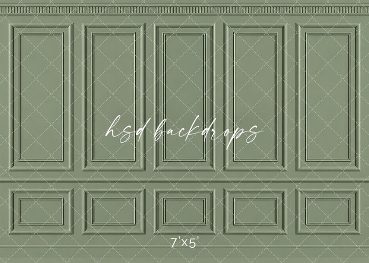 Sage Green Wainscot Wall photography backdrop featuring classic French-inspired boiserie wall molding, three tall decorative panels, two narrow accent panels, symmetrical rectangular details, and coordinating lower wainscoting in a soft muted sage green finish for maternity, newborn, Mother&