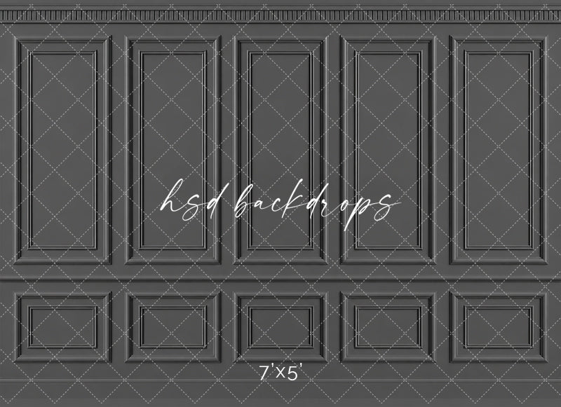 Charcoal Gray French Panel photography backdrop featuring classic French-inspired boiserie wall molding, five tall symmetrical rectangular panels, ornate dentil-style crown molding, a traditional chair rail, and coordinating lower wainscoting in a sophisticated matte charcoal gray finish for fine art, maternity, branding, and elegant studio portraits.