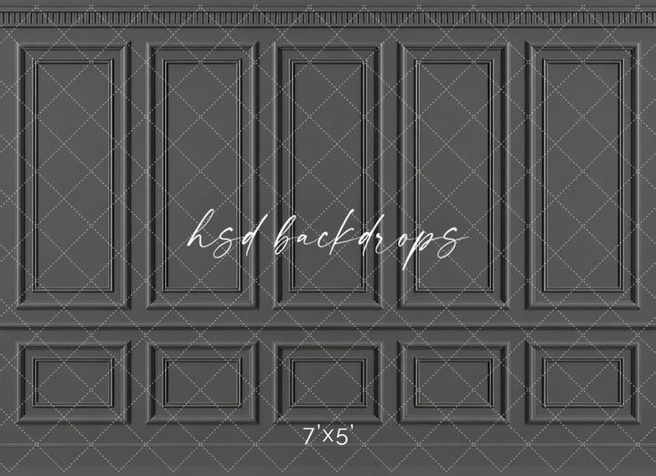 Charcoal Gray French Panel photography backdrop featuring classic French-inspired boiserie wall molding, five tall symmetrical rectangular panels, ornate dentil-style crown molding, a traditional chair rail, and coordinating lower wainscoting in a sophisticated matte charcoal gray finish for fine art, maternity, branding, and elegant studio portraits.