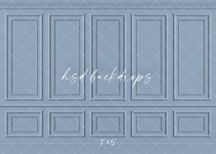 Dusty French Blue Panel photography backdrop featuring traditional French-inspired boiserie wall molding, five tall symmetrical rectangular panels, ornate dentil-style crown molding, a classic chair rail, and coordinating lower wainscoting in a soft muted French blue finish for fine art, maternity, newborn, and elegant studio portraits.