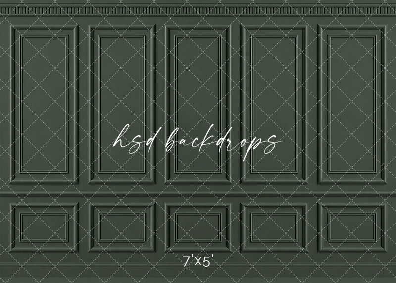 Antique Olive French Panel photography backdrop featuring traditional French-inspired boiserie wall molding, five tall symmetrical rectangular panels, ornate dentil-style crown molding, a classic chair rail, and coordinating lower wainscoting in a sophisticated deep olive and muted moss green finish for fine art, maternity, holiday, and elegant studio portraits.