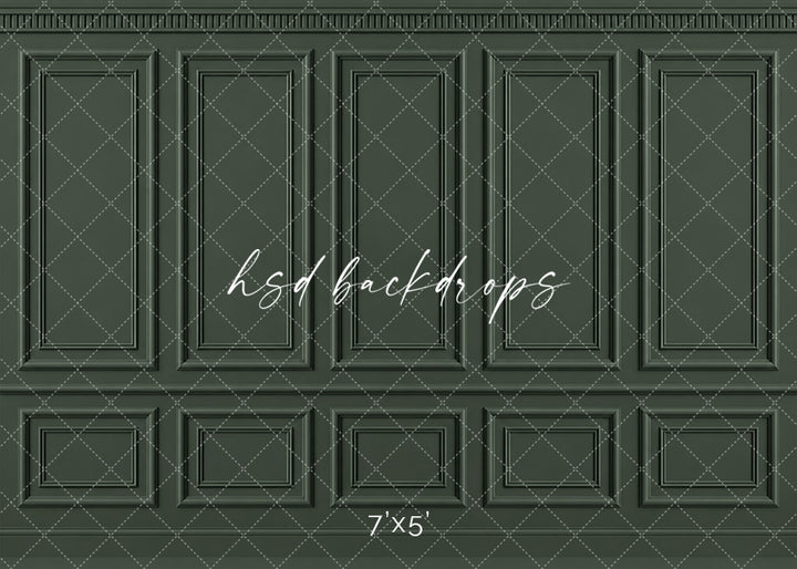 Antique Olive French Panel photography backdrop featuring traditional French-inspired boiserie wall molding, five tall symmetrical rectangular panels, ornate dentil-style crown molding, a classic chair rail, and coordinating lower wainscoting in a sophisticated deep olive and muted moss green finish for fine art, maternity, holiday, and elegant studio portraits.