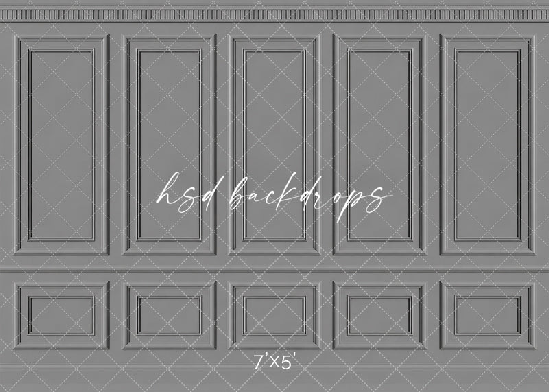 Classic Gray French Panel photography backdrop featuring traditional French-inspired boiserie wall molding, five tall symmetrical rectangular panels, ornate dentil-style crown molding, a classic chair rail, and coordinating lower wainscoting in a sophisticated medium gray and soft pewter finish for fine art, maternity, newborn, branding, and elegant studio portraits.