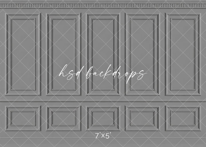 Classic Gray French Panel photography backdrop featuring traditional French-inspired boiserie wall molding, five tall symmetrical rectangular panels, ornate dentil-style crown molding, a classic chair rail, and coordinating lower wainscoting in a sophisticated medium gray and soft pewter finish for fine art, maternity, newborn, branding, and elegant studio portraits.