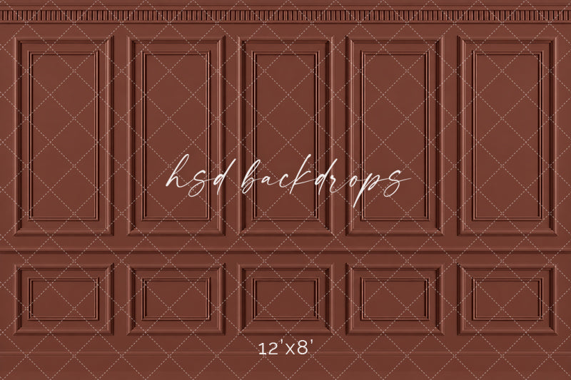 Antique Terracotta French Panel photography backdrop featuring traditional French-inspired boiserie wall molding, five tall symmetrical rectangular panels, ornate dentil-style crown molding, a classic chair rail, and coordinating lower wainscoting in a rich muted terracotta-red, warm clay, and antique brick finish for fine art, maternity, fall, and elegant studio portraits.