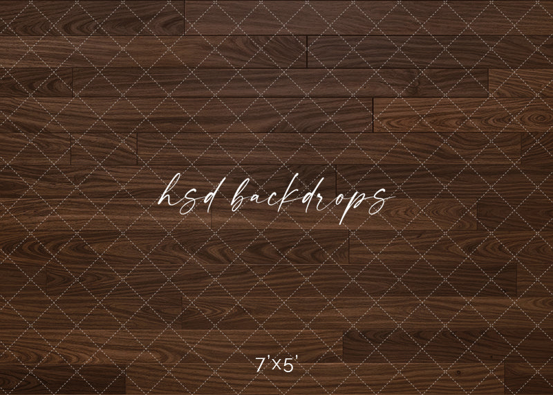 Espresso wood plank photography backdrop with realistic dark brown wood grain, rich plank texture, and classic studio floor styling for portraits, cake smash sessions, branding photos, and seasonal setups.