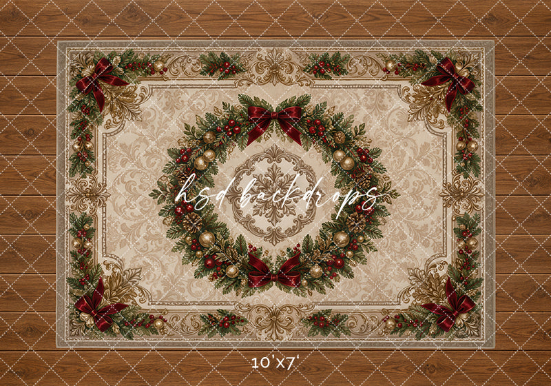 Vintage Christmas Wreath Rug Photography Backdrop – Classic Holiday Studio Floor | HSD Backdrops