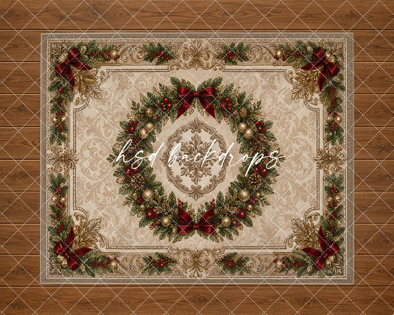 Vintage Christmas Wreath Rug Photography Backdrop – Classic Holiday Studio Floor | HSD Backdrops