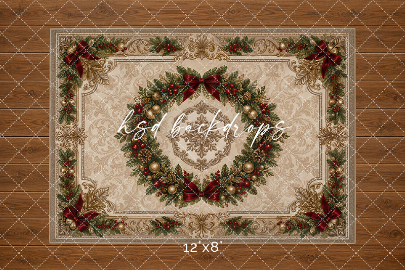 Vintage Christmas Wreath Rug Photography Backdrop – Classic Holiday Studio Floor | HSD Backdrops