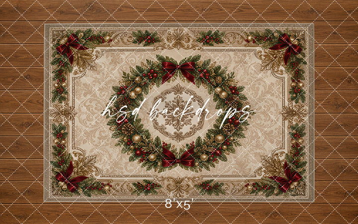 Vintage Christmas Wreath Rug Photography Backdrop – Classic Holiday Studio Floor | HSD Backdrops