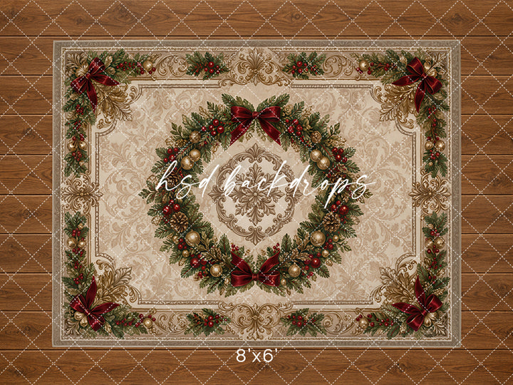 Vintage Christmas Wreath Rug Photography Backdrop – Classic Holiday Studio Floor | HSD Backdrops