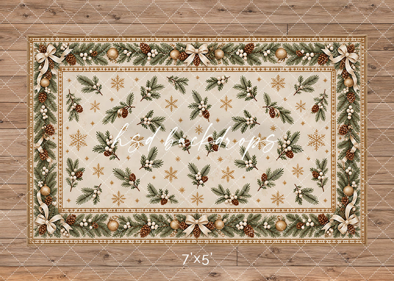 Winter Evergreen Rug photography floor backdrop with an ivory center, evergreen branches, pinecones, white berries, champagne ornaments, cream bows, and delicate gold snowflakes for elegant Christmas portraits.
