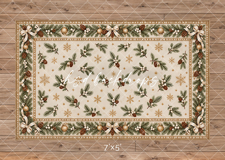 Winter Evergreen Rug photography floor mat with an ivory center, evergreen branches, pinecones, white berries, champagne ornaments, cream bows, and delicate gold snowflakes for elegant Christmas and winter portraits.