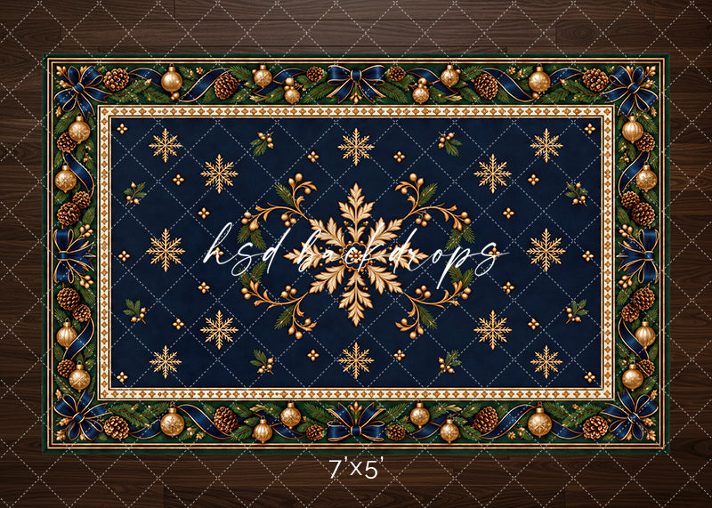 Navy Plaid Christmas Rug photography floor mat featuring a deep navy rug with gold snowflakes and flourishes, evergreen border, navy plaid bows, pinecones, and champagne ornaments.