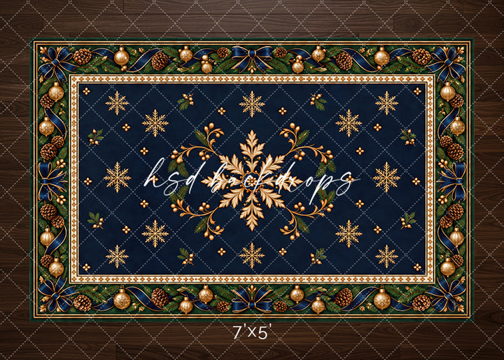 Navy Plaid Christmas Rug photography floor mat featuring a deep navy rug with gold snowflakes and flourishes, evergreen border, navy plaid bows, pinecones, and champagne ornaments.