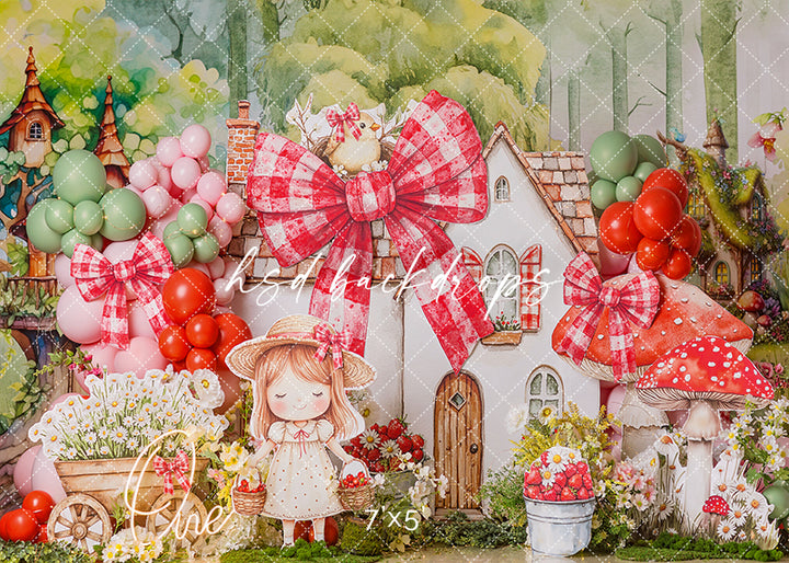 Sweet Strawberry Cottage Cake Smash Photography Backdrop – Whimsical First Birthday Portrait Scene | HSD Backdrops