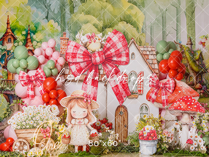 Sweet Strawberry Cottage Cake Smash Photography Backdrop – Whimsical First Birthday Portrait Scene | HSD Backdrops