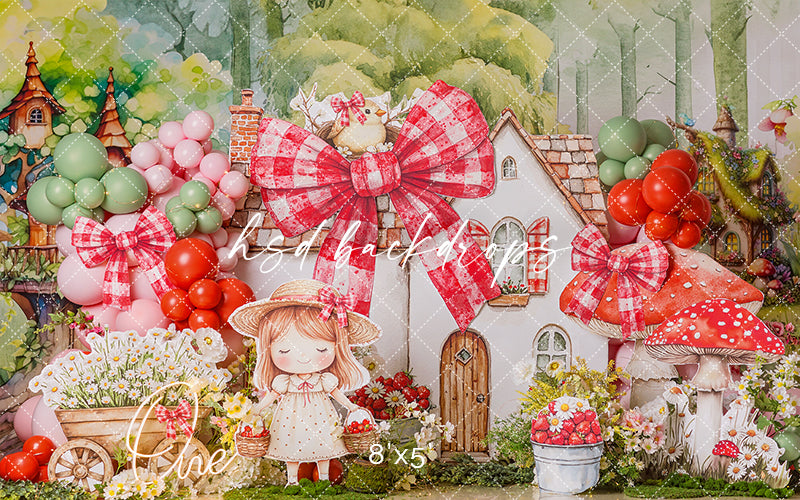 Sweet Strawberry Cottage Cake Smash Photography Backdrop – Whimsical First Birthday Portrait Scene | HSD Backdrops