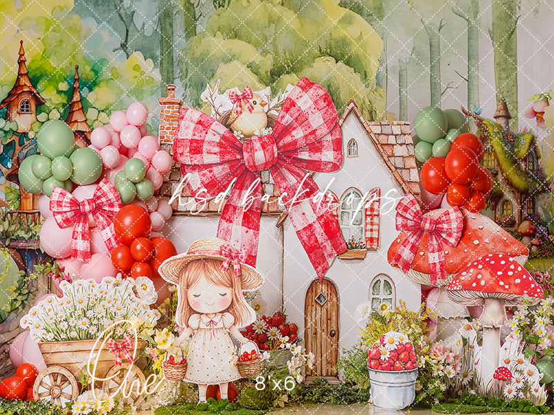 Sweet Strawberry Cottage Cake Smash Photography Backdrop – Whimsical First Birthday Portrait Scene | HSD Backdrops