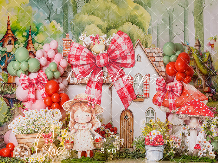 Sweet Strawberry Cottage Cake Smash Photography Backdrop – Whimsical First Birthday Portrait Scene | HSD Backdrops