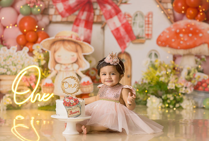 Sweet Strawberry Cottage Cake Smash Photography Backdrop – Whimsical First Birthday Portrait Scene | HSD Backdrops