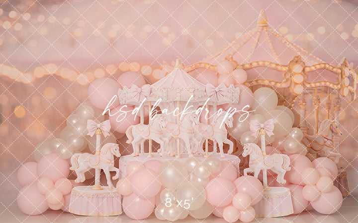 Blush Carousel Cake Smash Photography Backdrop – Whimsical Birthday Portrait Scene | HSD Backdrops