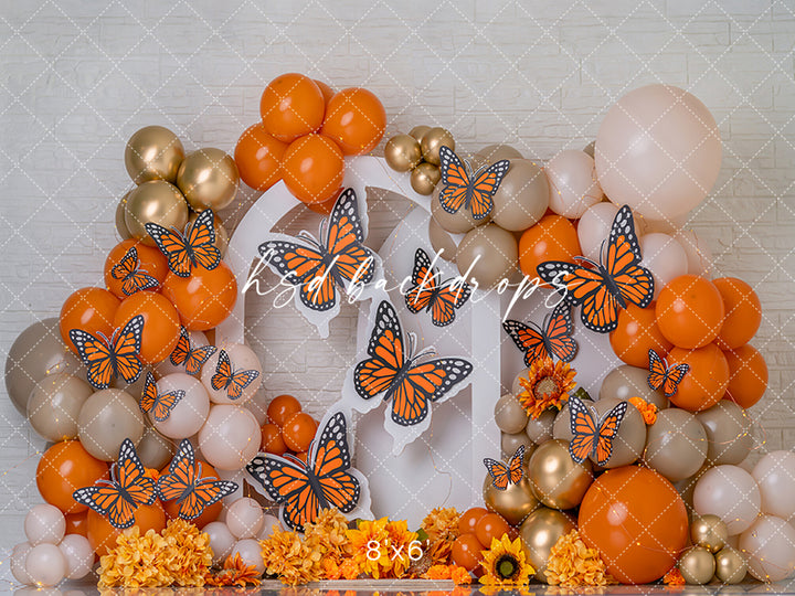 Monarch Butterfly Birthday Photography Backdrop – Orange Cake Smash Portrait Scene | HSD Backdrops