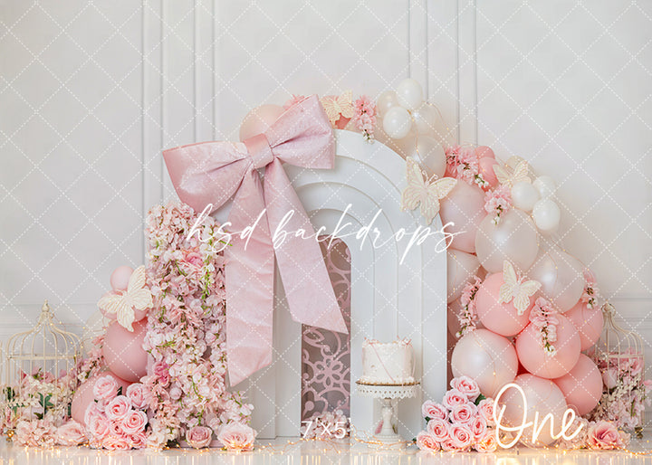Pink Butterfly Bow Cake Smash Photography Backdrop – Elegant First Birthday Portrait Scene | HSD Backdrops