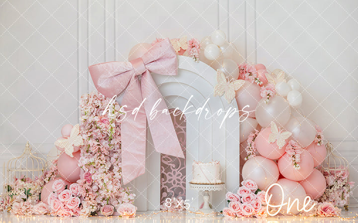 Pink Butterfly Bow Cake Smash Photography Backdrop – Elegant First Birthday Portrait Scene | HSD Backdrops