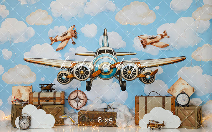 Vintage Airplane Adventure Photography Backdrop – Whimsical Travel Birthday Portrait Scene | HSD Backdrops