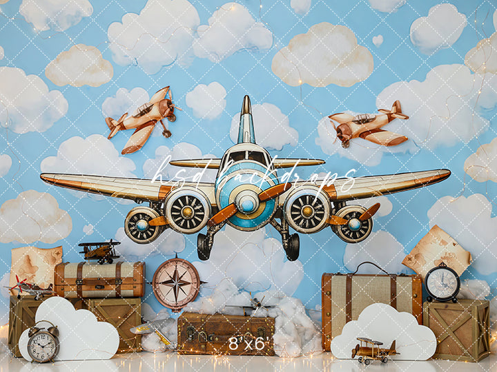 Vintage Airplane Adventure Photography Backdrop – Whimsical Travel Birthday Portrait Scene | HSD Backdrops