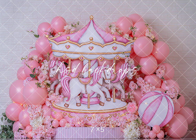 Pink Carousel Birthday Photography Backdrop – Whimsical Cake Smash Scene | HSD Backdrops