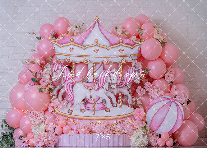 Pink Carousel Birthday Photography Backdrop – Whimsical Cake Smash Scene | HSD Backdrops
