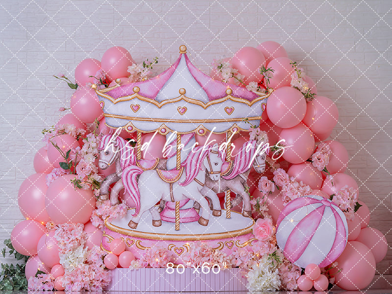 Pink Carousel Birthday Photography Backdrop – Whimsical Cake Smash Scene | HSD Backdrops
